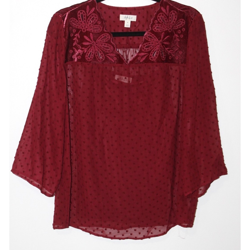 Style & Co Womens Red 3/4 Sleeve Swiss Dot Velvet Yoke Blouse S NWT